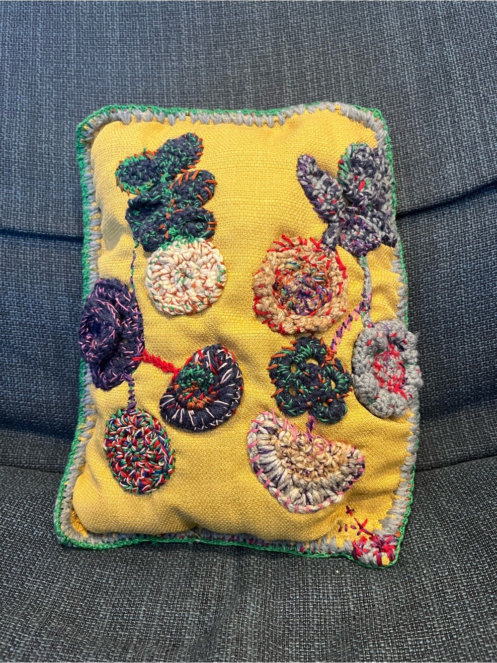 Handmade Embroidered Floral Pillow – Green Border – Boho Textile Art